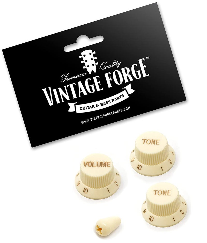 Vintage Forge Aged White Guitar Control Knobs (1 Volume, 2 Tone, 1 Switch Tip) for Fender Strat Style Electric Guitars Fits USA (Imperial) Split Shaft Pots STKUS-AGW - Image 2